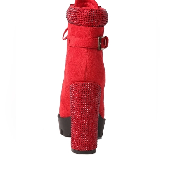 Red Lace-Up Platform Birch Diamante Block Heeled Ankle Boots Womens 8 - Picture 4 of 5